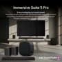 M5-P2_H7_W7 Soundbar Immersive Suite 5 Pro infographic showing complete home theater system with Soundbar, subwoofer and satellite speakers for true enveloping surround sound