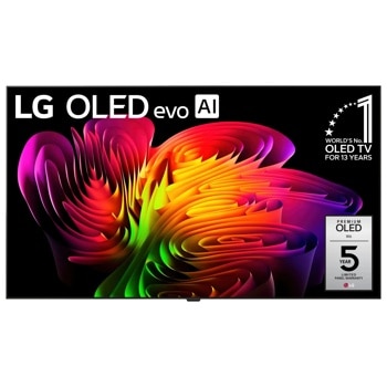 77-Inch LG OLED evo AI 4K TV OLED77W6PUA with colorful abstract display showing WORLDS No. 1 OLED TV FOR 13 YEARS badge - Front View