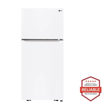 Front view of the 20 cu. ft. Top Freezer Refrigerator - LTCS20020W. Includes a graphic logo that says, Brought to you by America’s Most Reliable Line of Appliances.
