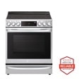 Front view of the 6.3 cu ft. Smart Wi-Fi Enabled ProBake Convection® InstaView™ Electric Slide-in Range with Air Fry - LSEL6337F. Includes a graphic logo that says, Brought to you by America’s Most Reliable Line of Appliances.