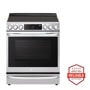 Front view of the 6.3 cu ft. Smart Wi-Fi Enabled ProBake Convection® InstaView™ Electric Slide-in Range with Air Fry - LSEL6337F. Includes a graphic logo that says, Brought to you by America’s Most Reliable Line of Appliances.