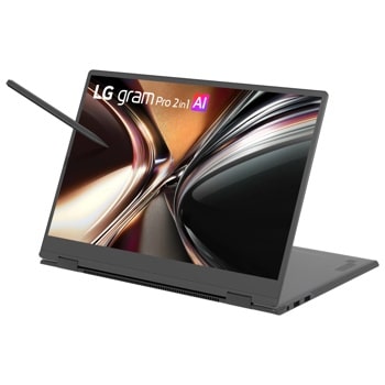 LG Gram 16T95TP-K-AD87U1 2-in-1 Laptop in tent mode with stylus pen and display showing abstract design - Side Angle