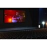 Movie theater showing a performer playing guitar and singing on screen, with rows of empty seats.