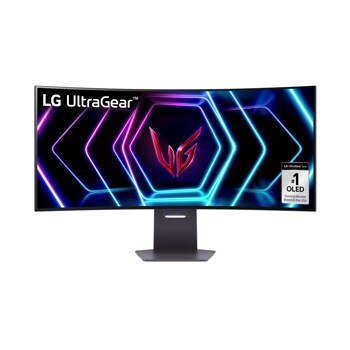 LG 39GS96QB-B 39-Inch UltraGear OLED Gaming Monitor with curved display showing neon blue and purple hexagon pattern and #1 OLED Gaming Monitor badge - Front View