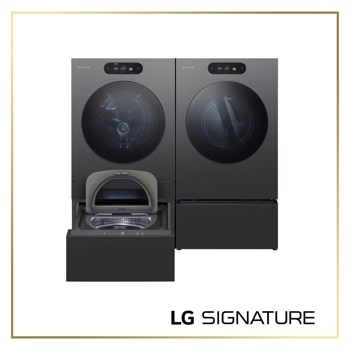 LG SIGNATURE WM9901HBA_DLEX9900B_WD405CB_WDP8B laundry package with front load washer, dryer, pedestal washer, and SideKick in black stainless steel - Front View1