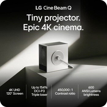 PU600U LG CineBeam Q projector infographic showing compact design with 4K UHD 120 inch screen, up to 154% DCI-P3 triple laser, 450,000:1 contrast ratio, and 600 ANSI lumens brightness