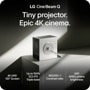 PU600U LG CineBeam Q projector infographic showing compact design with 4K UHD 120 inch screen, up to 154% DCI-P3 triple laser, 450,000:1 contrast ratio, and 600 ANSI lumens brightness