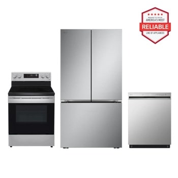 LG LRFLC2716S LREL6321S LDFN3432T kitchen package with stove, refrigerator, and dishwasher, America's Most Reliable line of appliances Front View1