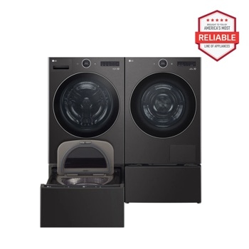 5.0 cu. ft. Front Load Washer and 7.8 cu.ft. Heat Pump Ventless Dryer with pedestal washer and drawer in Black Steel WM6700HBA_DLHC5502B_WD300CB_WDP6B1