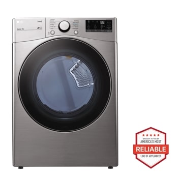 Front view of the 7.4 cu. ft. Ultra Large Capacity Smart wi-fi Enabled Front Load Gas Dryer with Built-In Intelligence - DLG3601V. Includes a graphic logo that says, Brought to you by America's Most Reliable Line of Appliances.
1