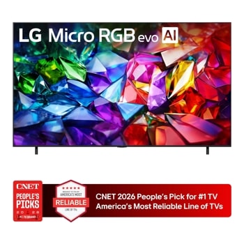 86-Inch LG Micro RGB evo AI TV 86MRGB95BUA displaying vibrant colorful crystals with CNET 2026 People's Pick for #1 TV Brand America's Most Reliable Line of TVs badge1