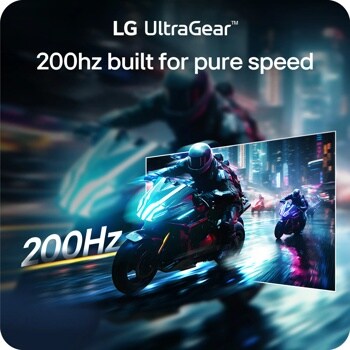 LG 32G620B-B UltraGear Monitor infographic showing 200Hz refresh rate with motorcycle racing game demonstrating speed performance