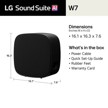 W7 Subwoofer dimensions 16.1 x 16.3 x 7.6 inches with box contents including power cable, quick setup guide, rubber feet and warranty card