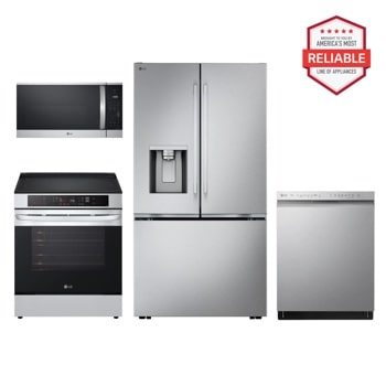 Group shot of an LG Refrigerator, dishwasher, microwave and electric range. "America's Most Reliable Line of Home Appliances" Badge.1