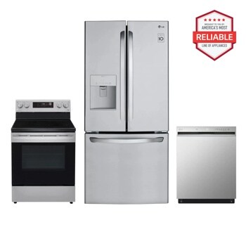 LG Kitchen Package with LFDS22520S French Door Refrigerator, LREL6321S Electric Range, and LDFN3432T Dishwasher, Brought to you by America's Most Reliable Line of Appliances Front View