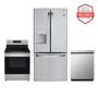 LG Kitchen Package with LFDS22520S French Door Refrigerator, LREL6321S Electric Range, and LDFN3432T Dishwasher, Brought to you by America's Most Reliable Line of Appliances Front View
