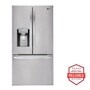 Front view of the 22 cu. ft. Smart wi-fi Enabled French Door Counter-Depth Refrigerator - LFXC22526S. Includes a graphic logo that says, Brought to you by America’s Most Reliable Line of Appliances.