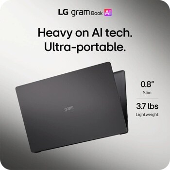 LG gram Book AI infographic showing ultra-portable laptop at 0.8 inches slim and 3.7 lbs lightweight
