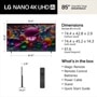 85-Inch LG NANO 4K UHD AI TV 85NU870BAUA dimensions and whats in the box including Magic Remote, Remote Control Batteries, Power Cable, Stand, and Quick Start Guide