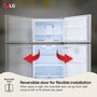 LG LT18S2100S Refrigerator infographic showing reversible door feature with red arrows indicating door can swing from right to left for flexible installation in tight spaces
