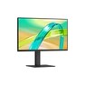 Front view of a monitor displaying a colorful abstract image on a sleek black stand.