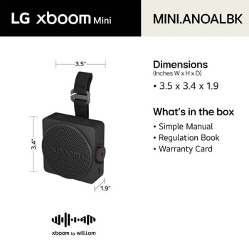 LG xboom Mini MINI_ANOALBK Portable Speaker Dimensions 3.5 x 3.4 x 1.9 Inches and Box Contents Including Simple Manual Regulation Book and Warranty Card