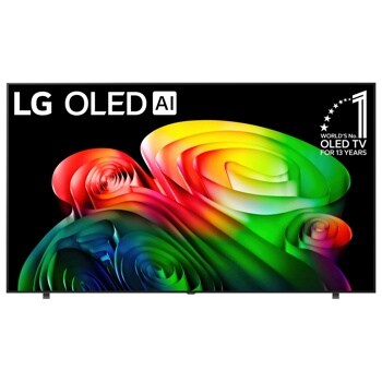 83-Inch LG OLED AI 4K TV OLED83B6GUA displaying vibrant colorful spiral patterns with WORLDS No.1 OLED TV FOR 13 YEARS badge - Front View