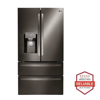 Front view of the 28 cu.ft. Smart wi-fi Enabled French Door Refrigerator - LMXS28626D. Includes a graphic logo that says, Brought to you by America’s Most Reliable Line of Appliances.