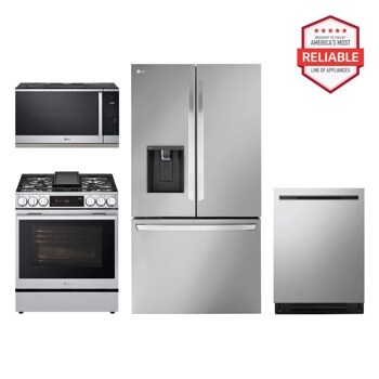 26 cu. ft. Smart Counter-Depth MAX™ Exterior Water Dispenser Refrigerator with Slide-in Electric Range, Top Control Dishwasher and Microwave Kitchen Package in Stainless Steel LRFXC2606S_LSEL6335XE_MVEL2125X_LDNPM654S