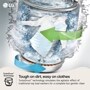 LG WT6485CW Washer TurboDrum Technology infographic showing water circulation and fabric care with white garment