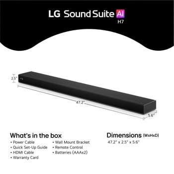 LG H7 Soundbar 47.2-inch x 2.5-inch x 5.6-inch dimensions Front View
