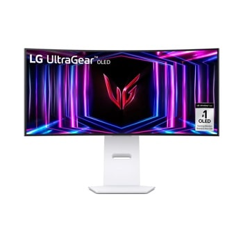 LG 34GS95QE-W 34-Inch UltraGear OLED Gaming Monitor with curved display showing gaming logo and neon lighting on white stand - Front View1