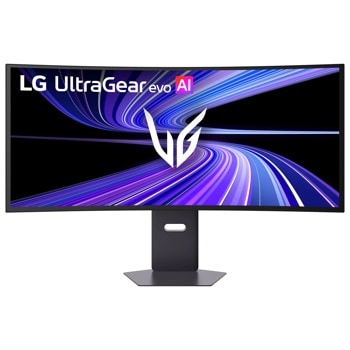 LG 39GX950B-B 39-Inch UltraGear OLED Gaming Monitor with curved display showing purple and blue swirling graphics - Front View1