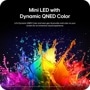 50QNED75BAA QNED TV infographic showing Mini LED with Dynamic QNED Color technology with colorful paint splash. Display Color Gamut Volume (CGV) is equivalent or exceeds the CGV of the DCI-P3 color space as verified independently by Intertek