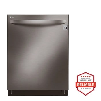Front view of the Top Control Smart wi-fi Enabled Dishwasher with QuadWash™ and TrueSteam® - LDT7808BD. Includes a graphic logo that says, Brought to you by America’s Most Reliable Line of Appliances.
