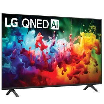 55-Inch LG QNED AI 4K TV 55QNED75BUA displaying vibrant colorful ink splashes in blue, red, yellow and green against dark background - Side Angle