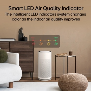 LG AS351GW30 Air Purifier with Smart LED Air Quality Indicator showing color changes from poor to good in a modern living room setting