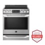 Front view of the LG STUDIO 6.3 cu. ft. Induction Slide-in Range with ProBake Convection® and EasyClean® - LSIS3018SS. Includes a graphic logo that says, Brought to you by America’s Most Reliable Line of Appliances.