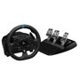 Logitech 941000147 gaming racing wheel with leather-wrapped steering wheel featuring blue accent and three metal pedals for gaming setup