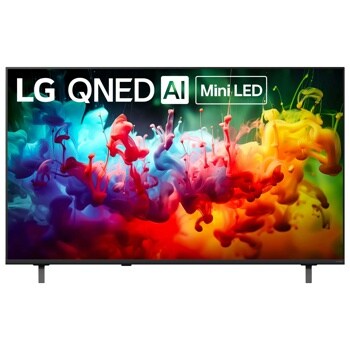 50-Inch LG QNED AI Mini LED TV 50QNED75BAA displaying vibrant colorful ink swirls in blue, red, yellow and green - Front View