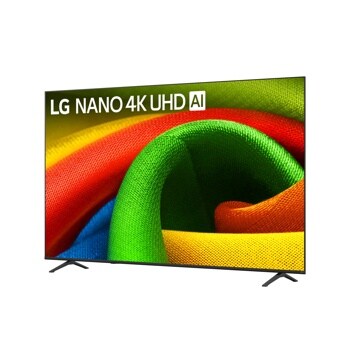 85-Inch LG NANO 4K UHD AI TV 85NU700BPUA displaying vibrant colorful fabric texture with red, green, yellow and blue tones - Side Angle