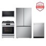27 cu. ft. Smart Counter-Depth MAX™ French Door Pocket Handle Refrigerator with Slide-in Gas Range, Top Control Dishwasher and Microwave Kitchen Package in Stainless Steel LRFLC2716S_LSGL6335X_MVEL2033F_LDNTM545S