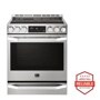 Front view of the LG STUDIO 6.3 cu. ft. Electric Single Oven Slide-In-range with ProBake Convection® - LSSE3027ST. Includes a graphic logo that says, Brought to you by America’s Most Reliable Line of Appliances.