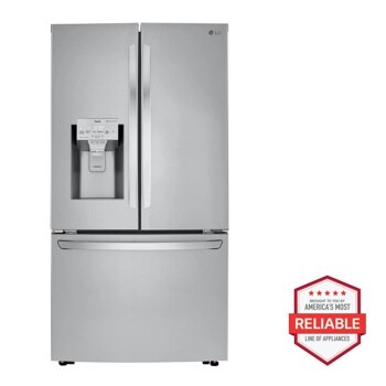 Front view of the 24 cu. ft. Smart Counter-Depth Refrigerator with Craft Ice™ - LRFXC2416S. Includes a graphic logo that says, Brought to you by America’s Most Reliable Line of Appliances.