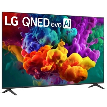 75-Inch LG QNED evo AI 4K TV 75QNED84BUA displaying vibrant colorful ink cloud effect on screen - Front Angle View