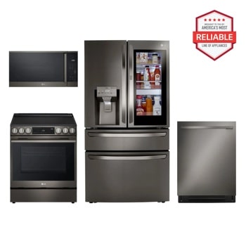 LG LRMVC2306D_LSEL6335ZE_MVEM1825Z_LDNTM545D Kitchen Package with America's Most Reliable badge Front View1