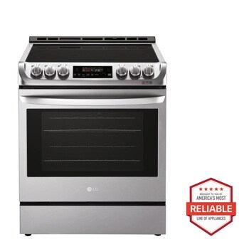Front view of the 6.3 cu. ft. Electric Single Oven Slide-in Range with ProBake Convection® and EasyClean® - LSE4611ST. Includes a graphic logo that says, Brought to you by America’s Most Reliable Line of Appliances.