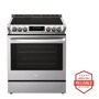 Front view of the 6.3 cu. ft. Electric Single Oven Slide-in Range with ProBake Convection® and EasyClean® - LSE4611ST. Includes a graphic logo that says, Brought to you by America’s Most Reliable Line of Appliances.