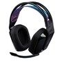 Logitech 981000971 gaming headset with black ear cushions, adjustable headband with purple and blue accents, and flip-to-mute microphone
