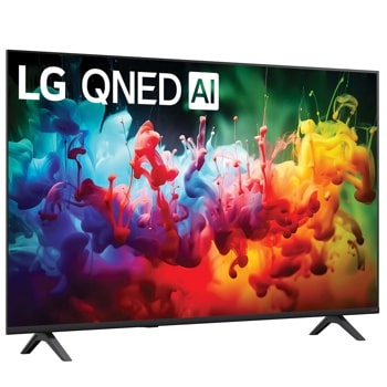 55-Inch LG QNED AI 4K TV 55QNED75BAA displaying vibrant colorful ink splashes in blue, red, yellow and green tones - Side Angle